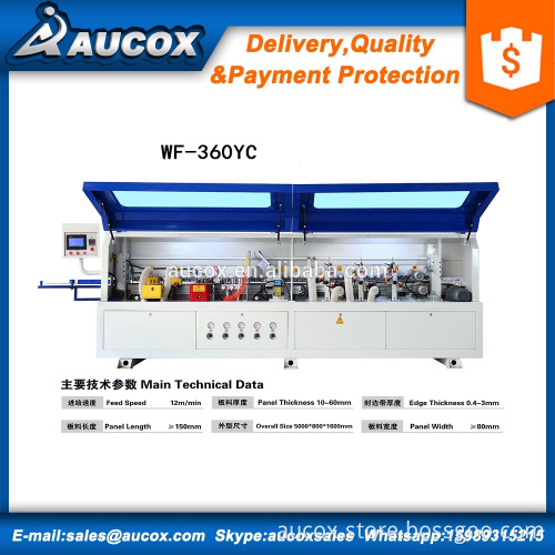 WF360YC automatic edge banding machine with premilling,gluing,end cutting,rough trimming,fine trimming,scrapping and buffing